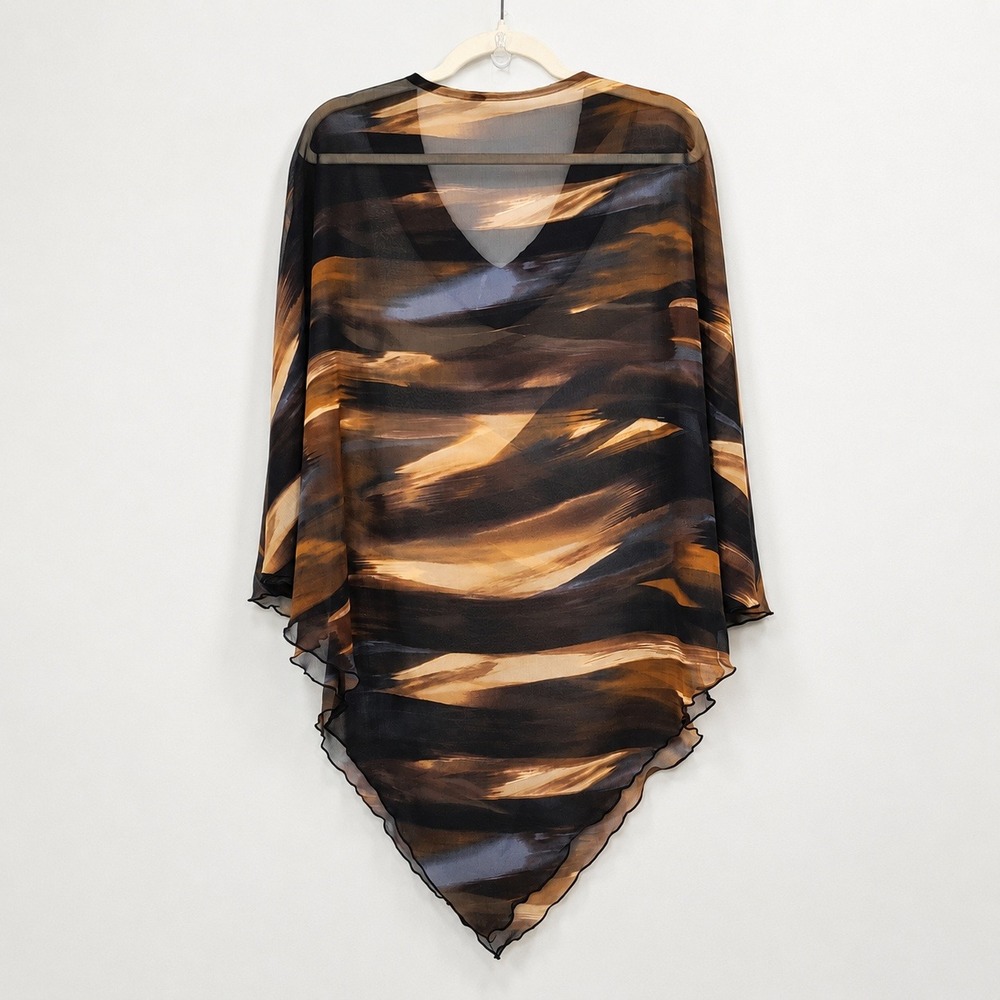 Chico's Beaded Sheer Poncho Blouse Brown Abstract Boho One Size - Picture 6 of 7